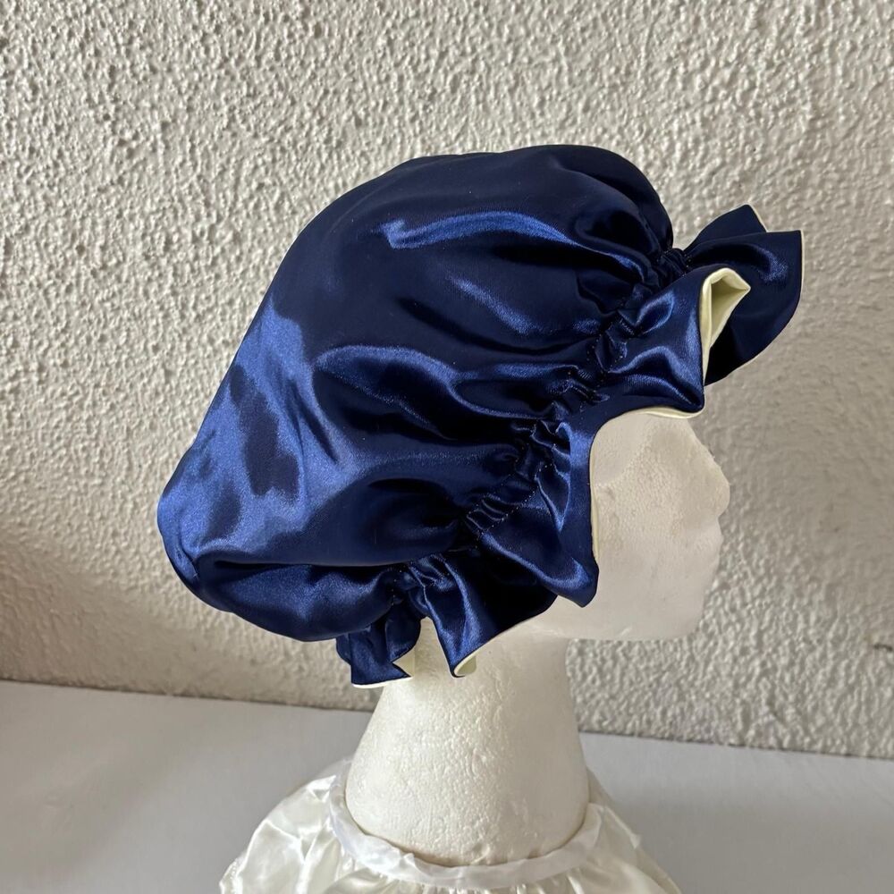 Reversible Satin Sleep Bonnet Hat – Navy & Yellow – Extra Large, Elastic Fit - Picture 16 of 16